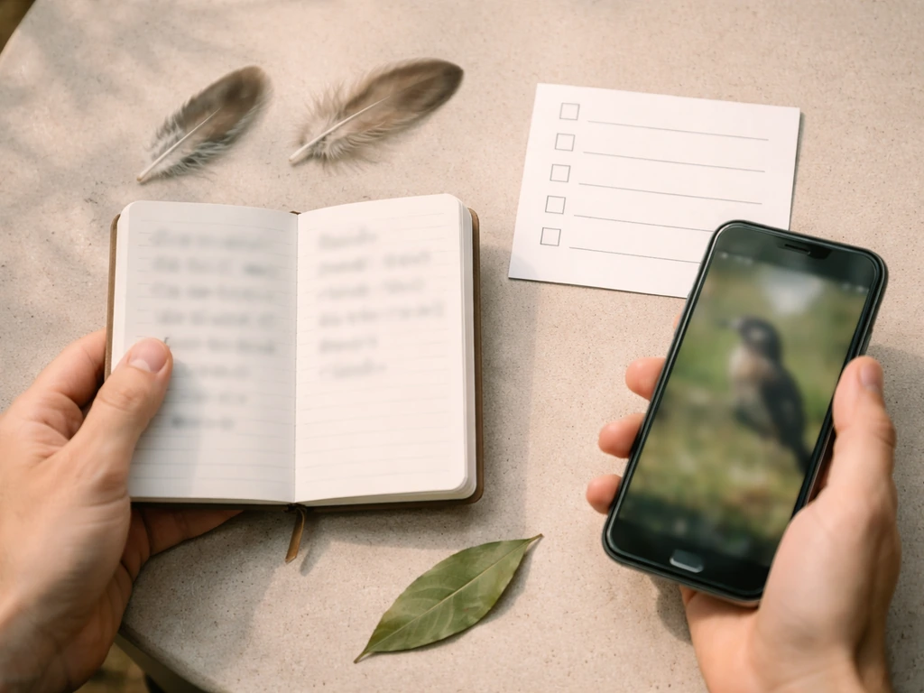 Hands with a notebook and smartphone beside a few feathers, suggesting a practical bird verification checklist.