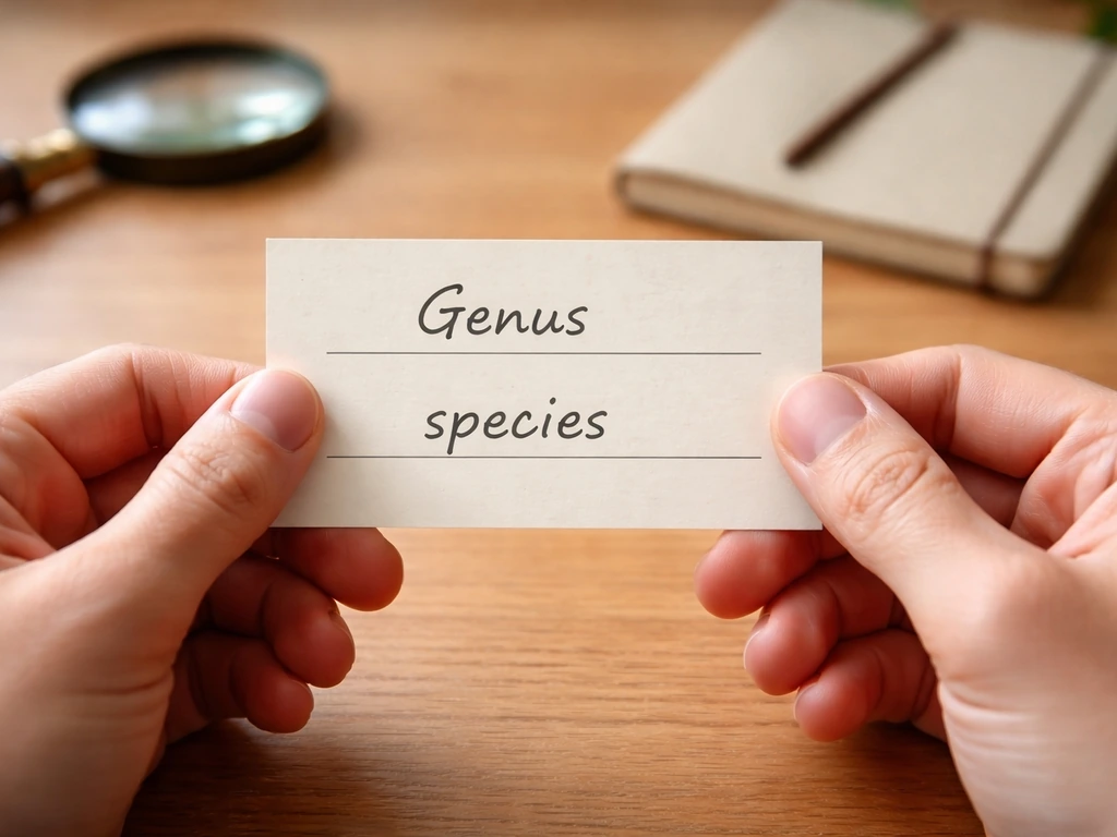 Minimal photo-style scene showing a hand holding a small card labeled with genus and species binomial format