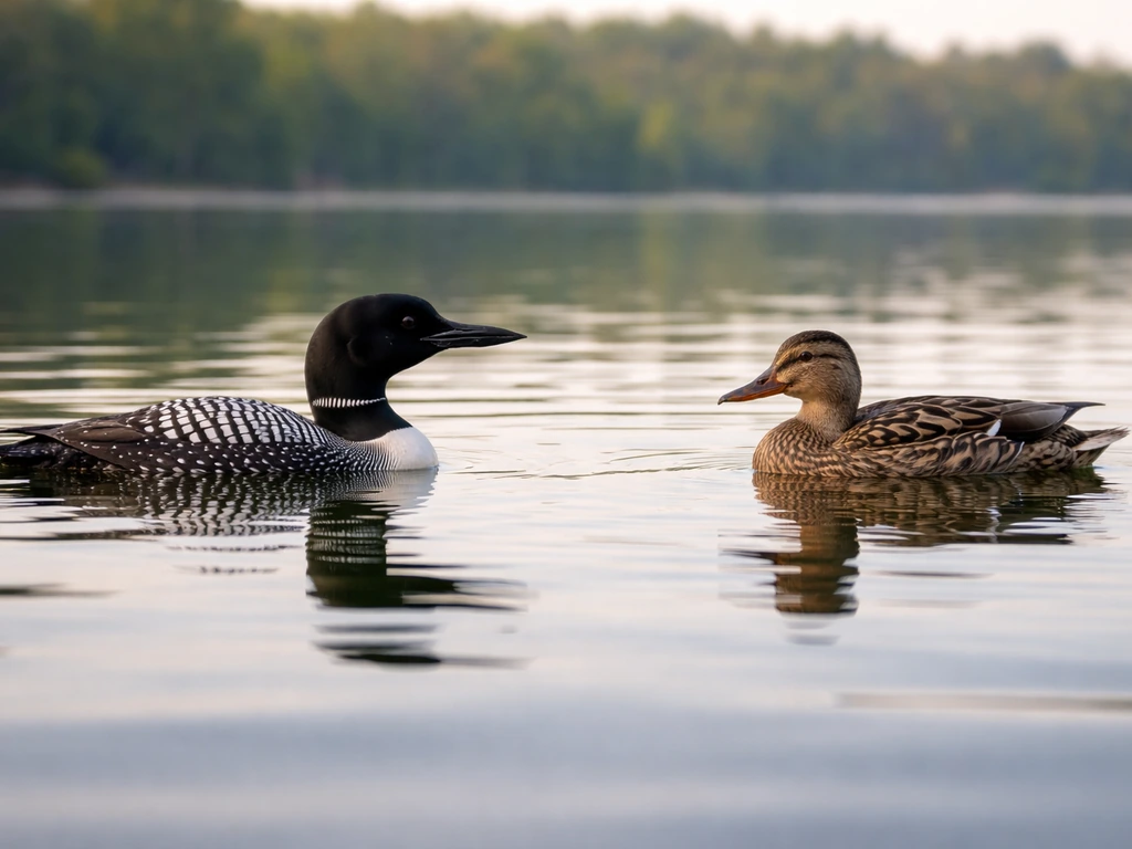 Side-by-side loon and duck floating on a lake, highlighting different necks, bills, and body shape.
