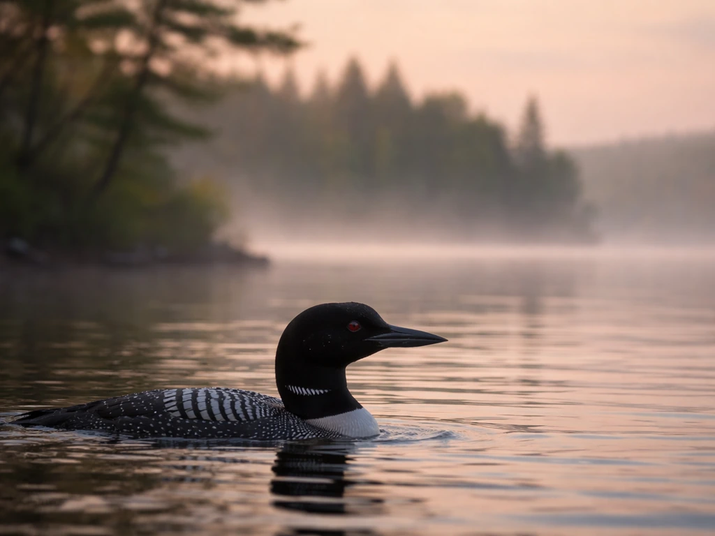 Minimal photo of a simple nature scene with a loon silhouette and blurred bird taxonomy theme