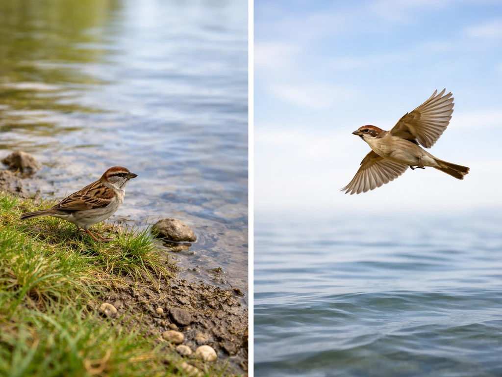 A small bird on grass beside shallow water, with one bird in the air—showing habitat, not a class.