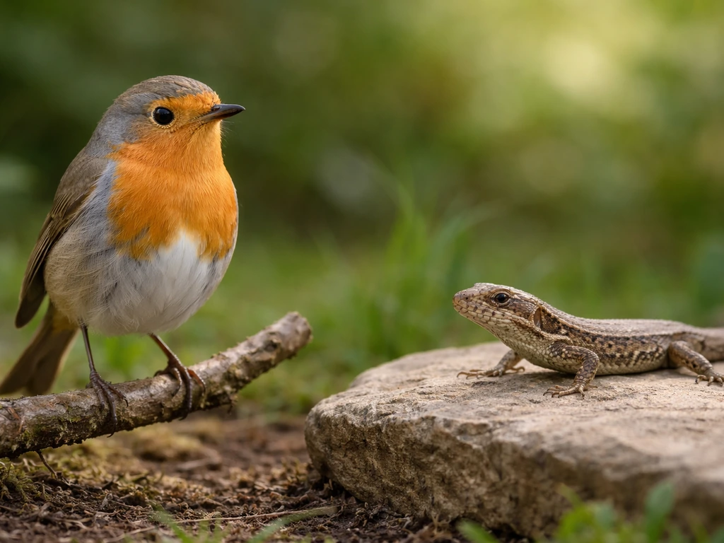 A perched bird with a nearby small lizard on stone in a simple outdoor setting.