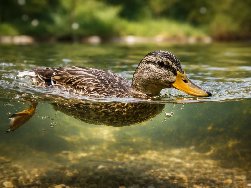 A diving duck swimming underwater with visible beak and feathers, showing it’s clearly a bird.