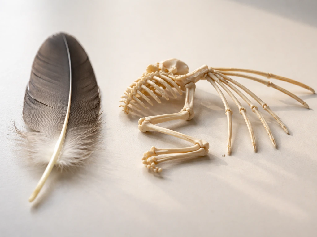 Close-up of a bird feather beside a small set of natural bird-bone replicas on a neutral background