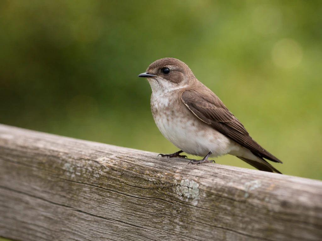 A Northern Rough-winged Swallow perched on a weathered wooden fence under soft daylight.