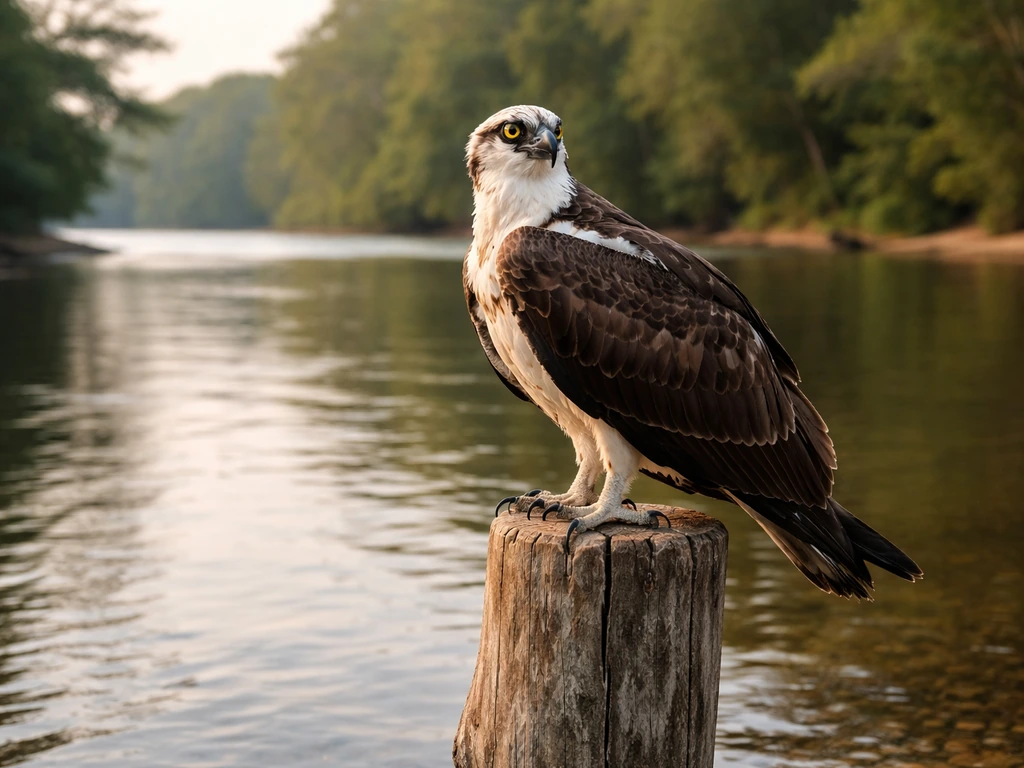 Osprey perched near a river with simple natural background, highlighting its place in the raptor family.