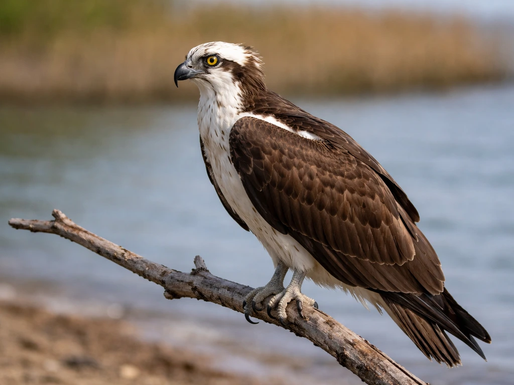 Osprey perched on a branch, showing pale head, dark eye stripe, and hooked dark beak.