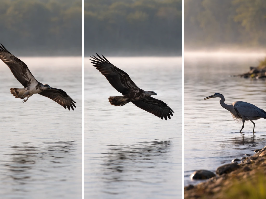 Minimal 3-panel collage showing an osprey silhouette and look-alike heron/eagle cues near water.