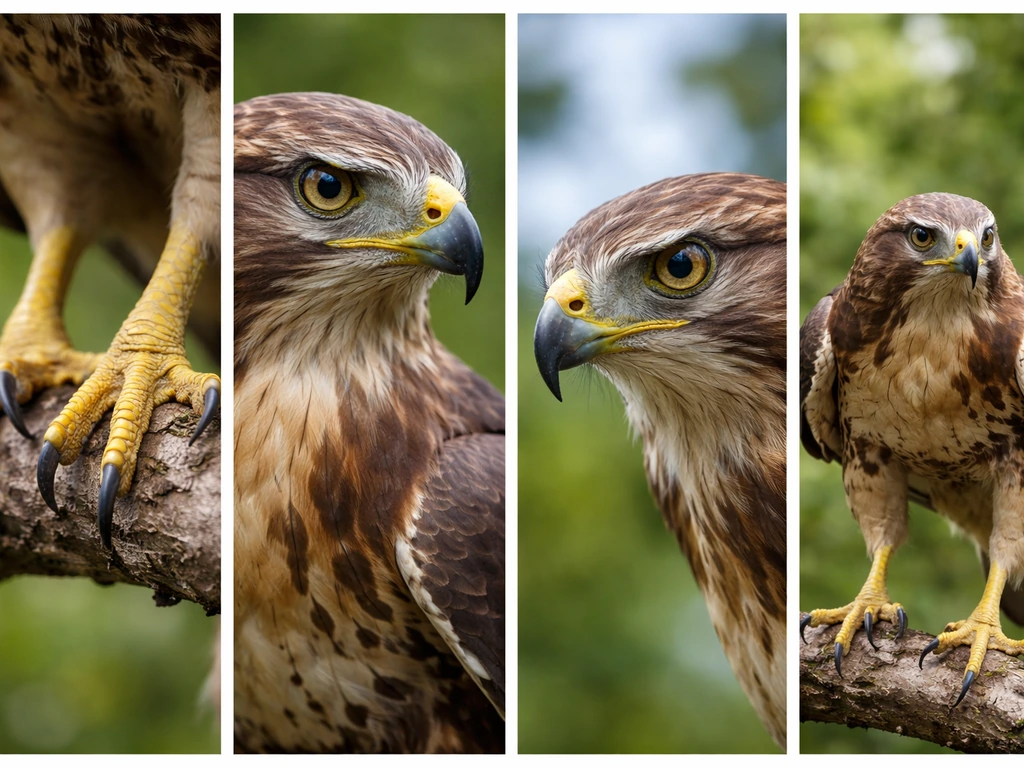 Four-panel collage showing raptor talons, hooked beak, keen eye, and predatory posture on a perch.