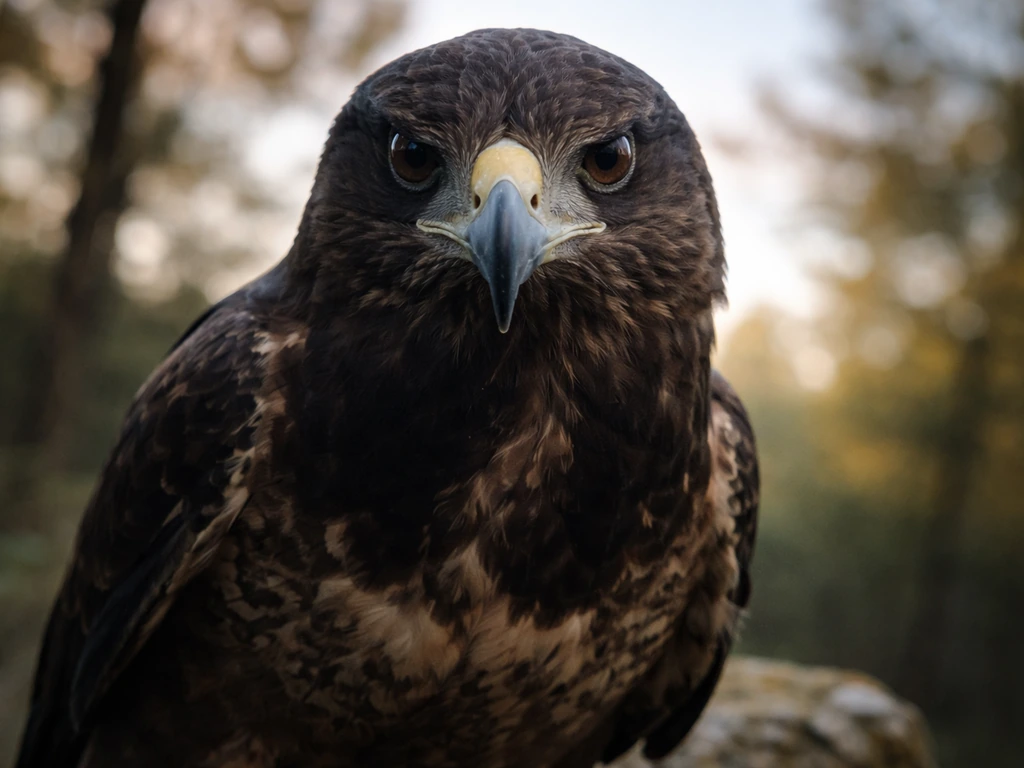 Close-up of an anonymous raptor’s hooked beak and sharp forward-facing eyes in natural light
