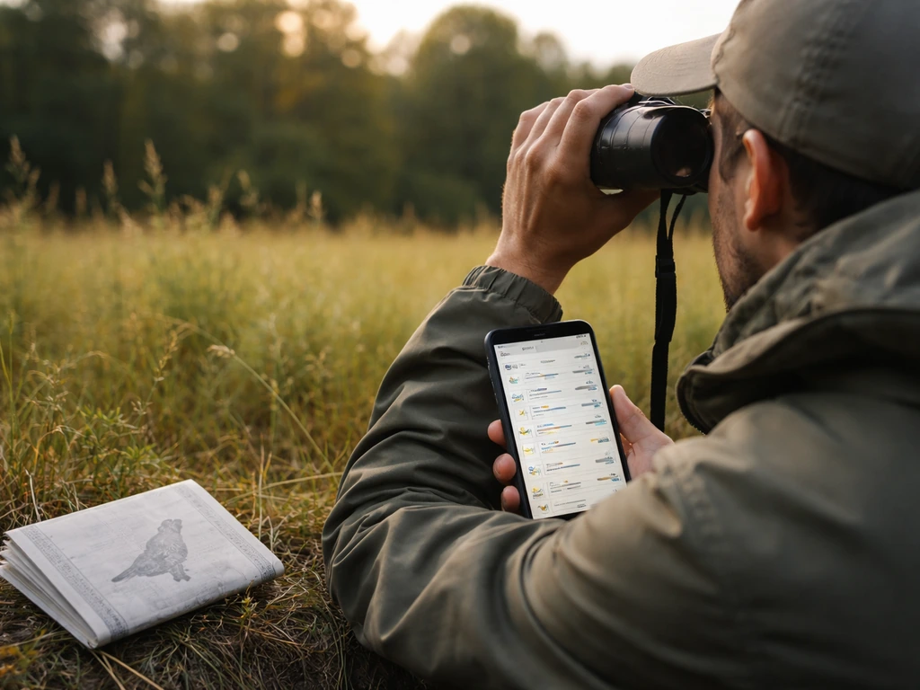 Anonymous birdwatcher kneeling with binoculars and a raptor ID checklist on a phone in a meadow.