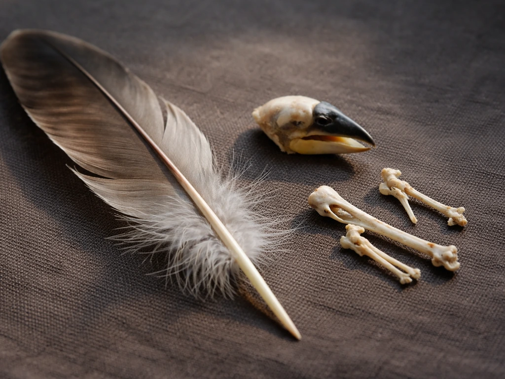 Close-up of true bird feather with beak and a few avian bones on a dark fabric background.