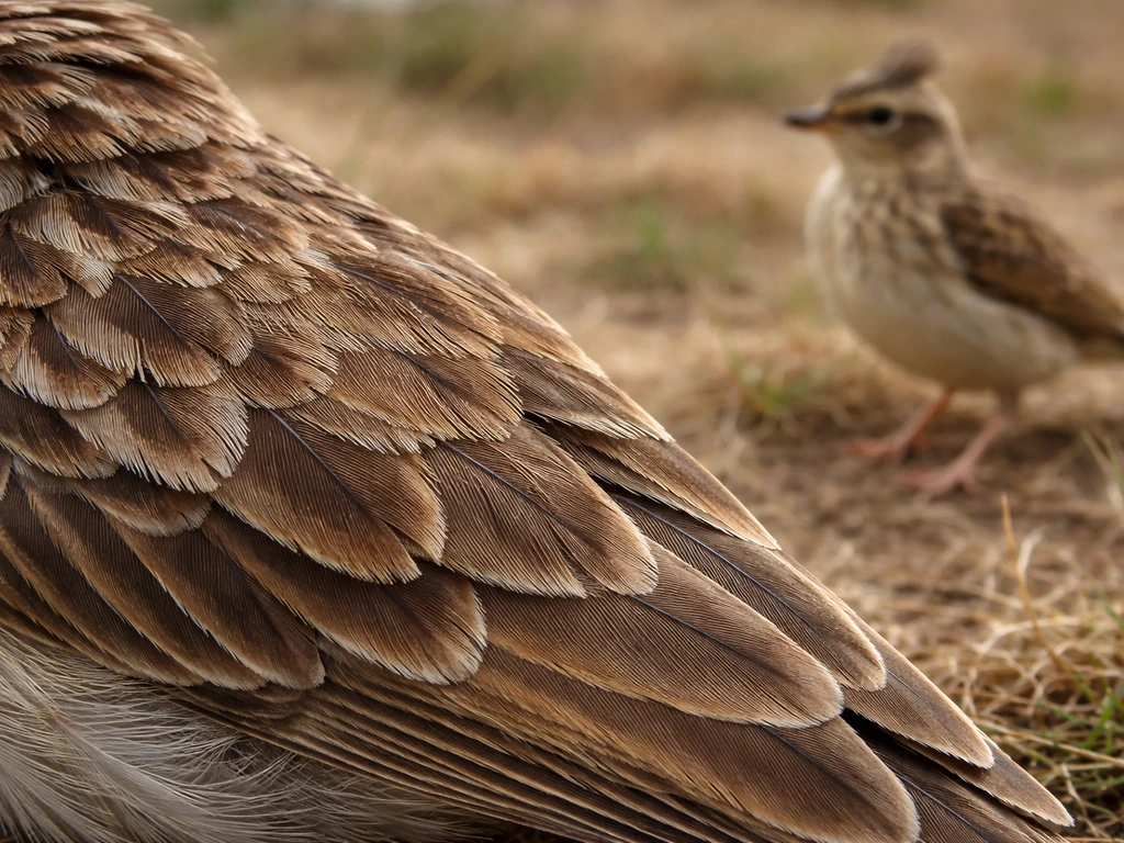 Close-up of a small brown lark’s feathered body with a softly blurred ground-dwelling lark in the background.