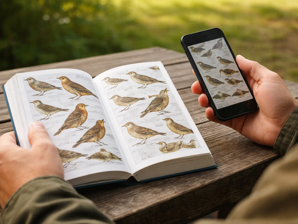 Anonymous hands compare a bird field guide and a phone to verify lark classification sources.