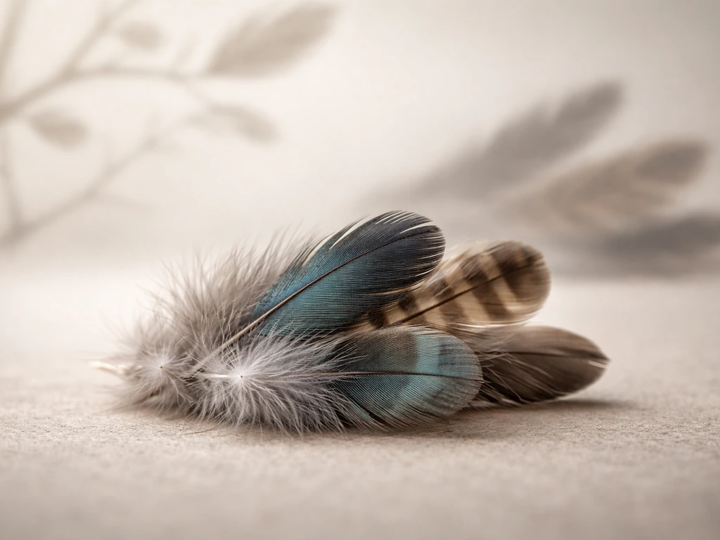 Close-up of bird feathers on a neutral surface with softly blurred twig-like background suggesting lineage.