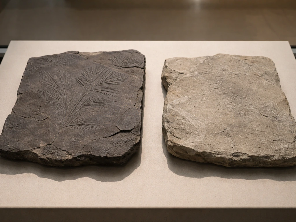 Minimal photo of two rock-like fossil casts side by side, one with feather-like impressions and one plain.
