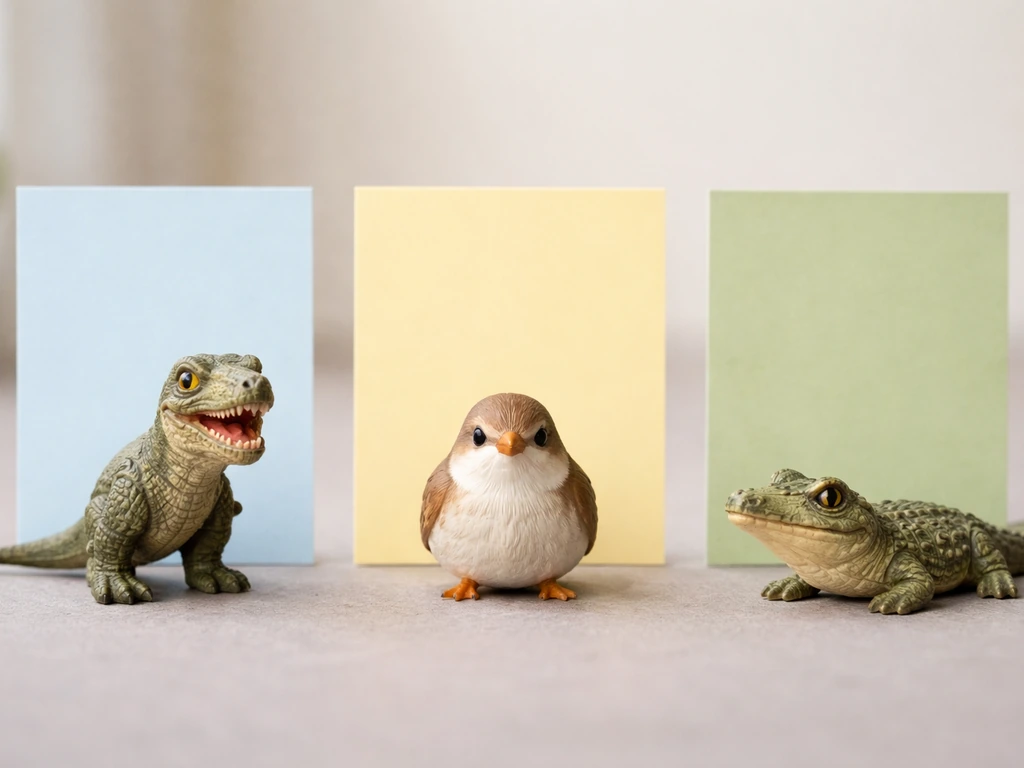 Toy T-rex, bird, and crocodile figurines on colored blank panels for a simple side-by-side comparison.