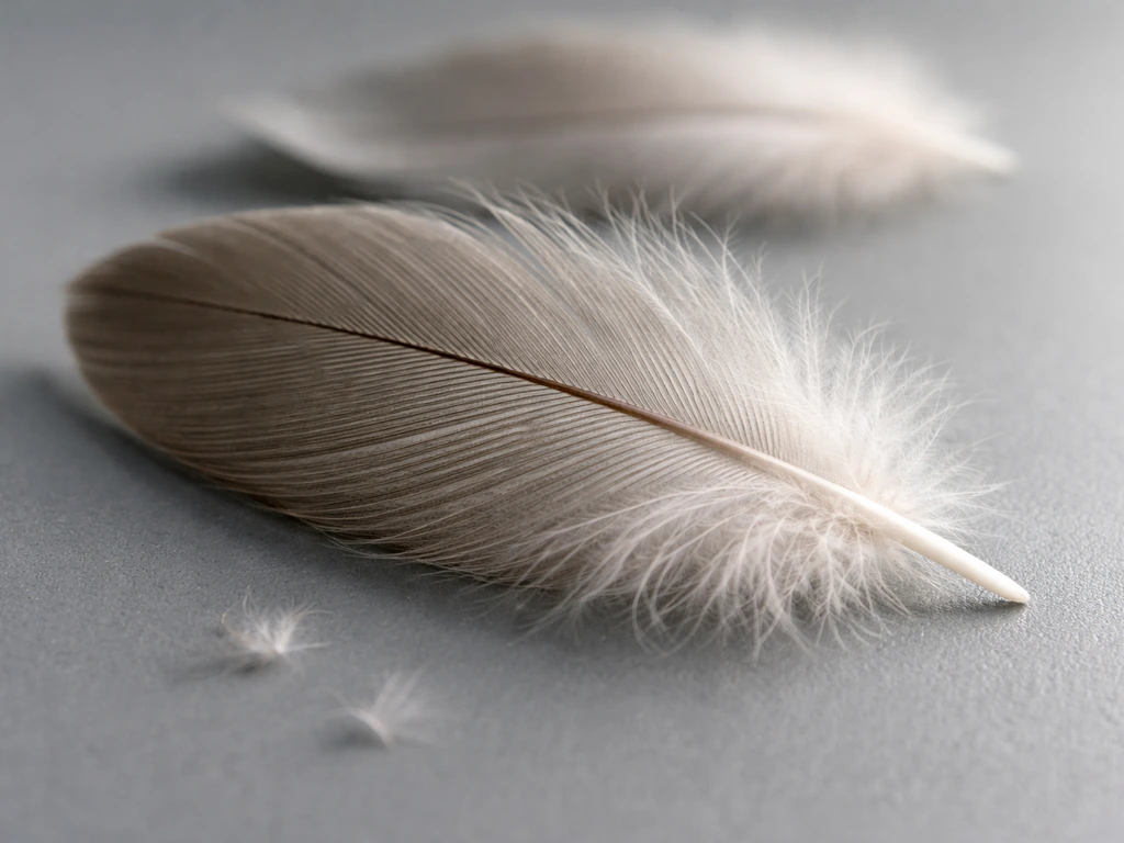 Macro close-up of a bird feather’s barbs and layers with a few downy filaments nearby.