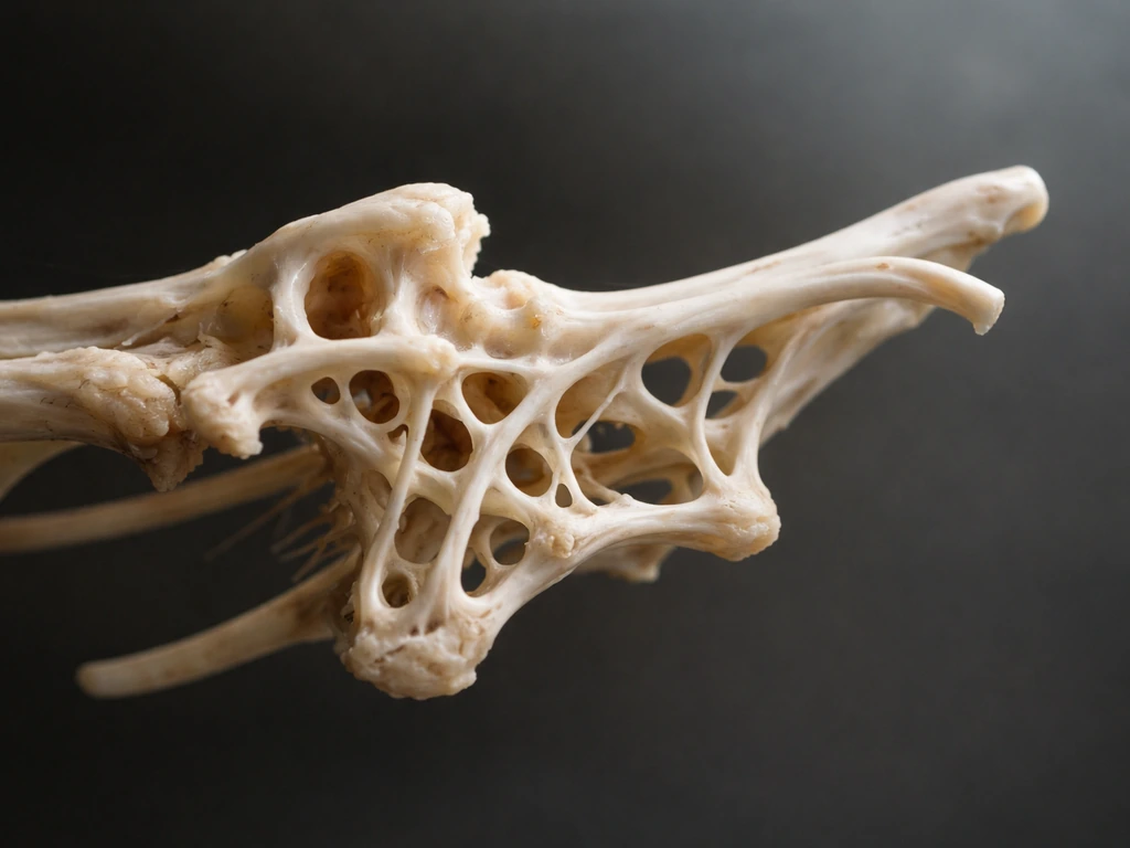 Close-up cross-section of an anonymous bird skeleton showing hollow, pneumatized bones on a dark background.
