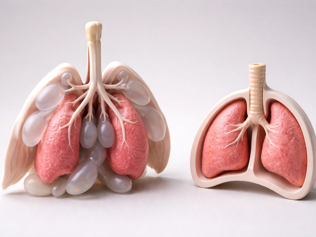 Close-up photo-like 3D model of a bird lung and airflow pathway beside a simple mammal breathing cross-section