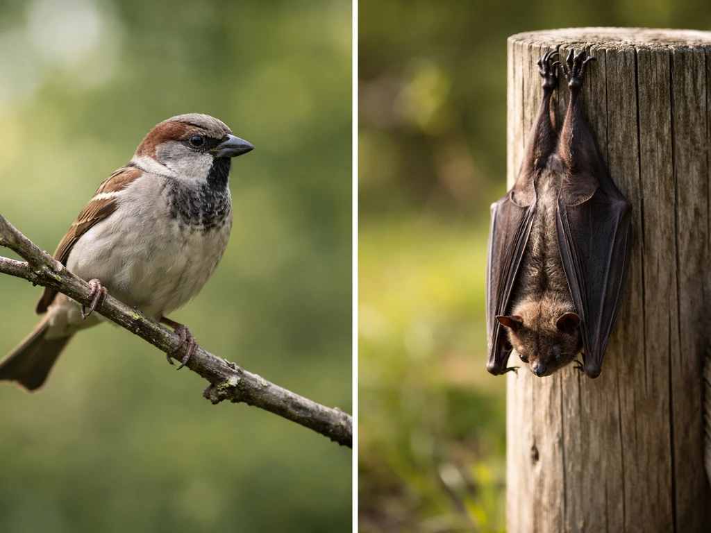 Side-by-side photo of a perched bird and a hanging bat on a fence.