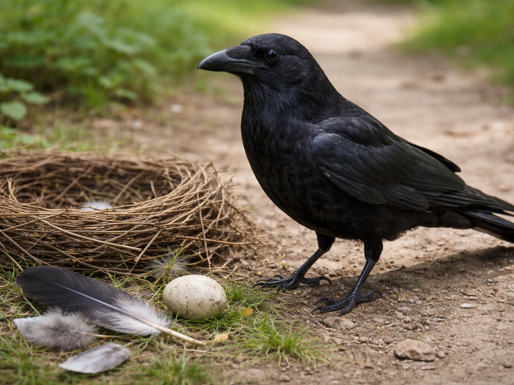 A realistic crow standing near a nest with feathers and an egg on the ground
