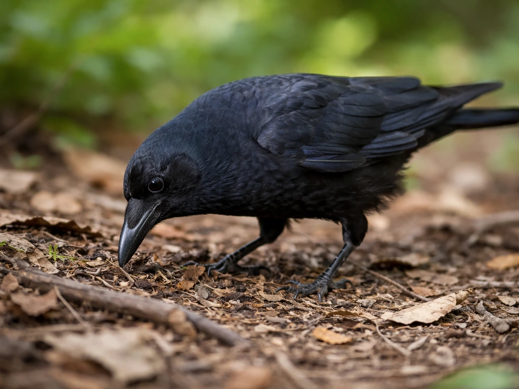 A crow foraging on the forest floor, pecking at insects among leaf litter.