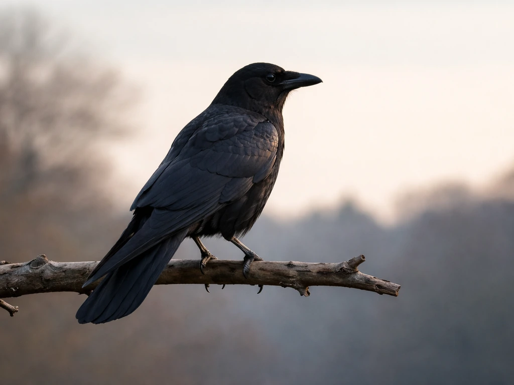 A crow perched on a bare branch with a clear view of its body and tail in soft morning light.