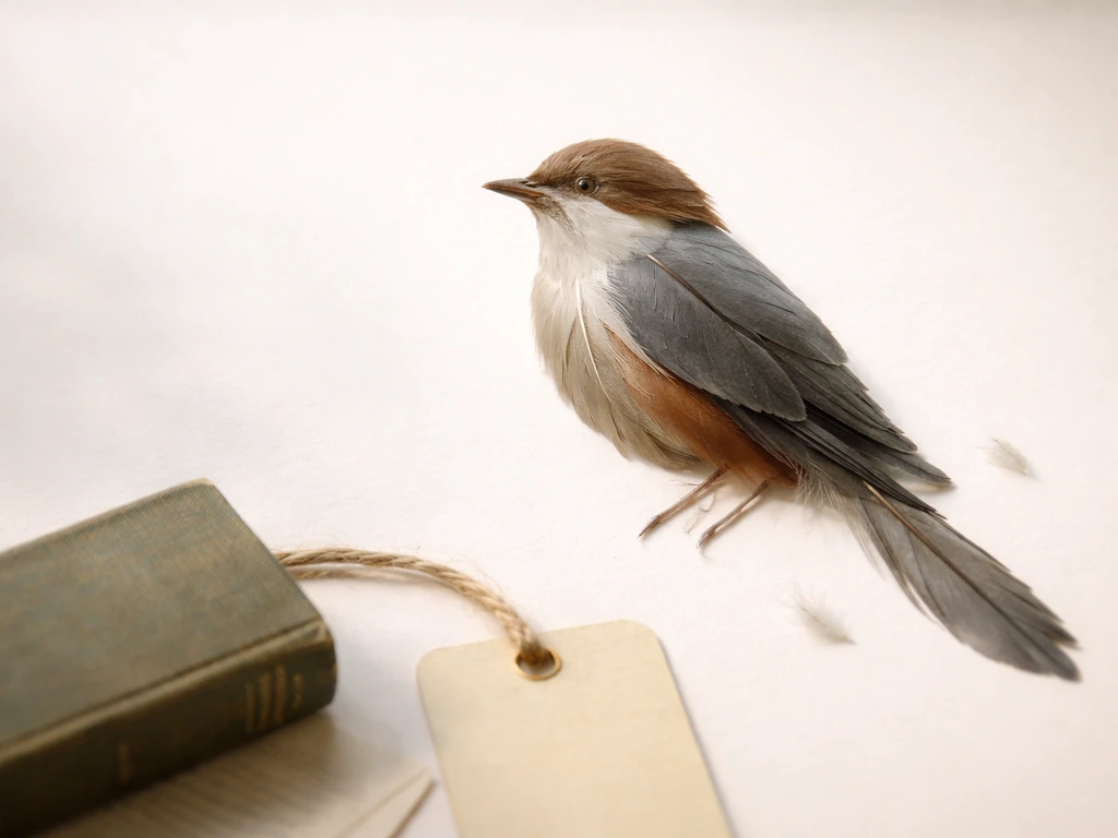 Close-up of layered feathers forming a bird silhouette with a blurred blank field guide nearby.