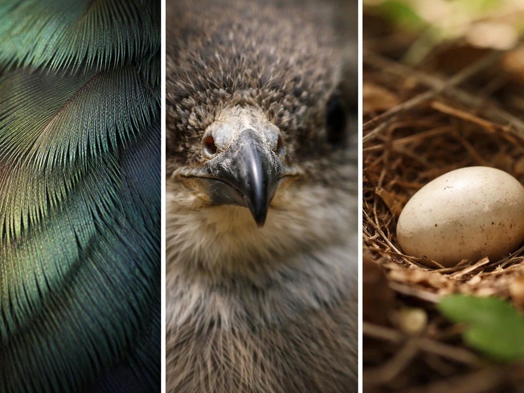 Three-panel photo showing feather macro, hooked beak close-up, and an egg in a nest.