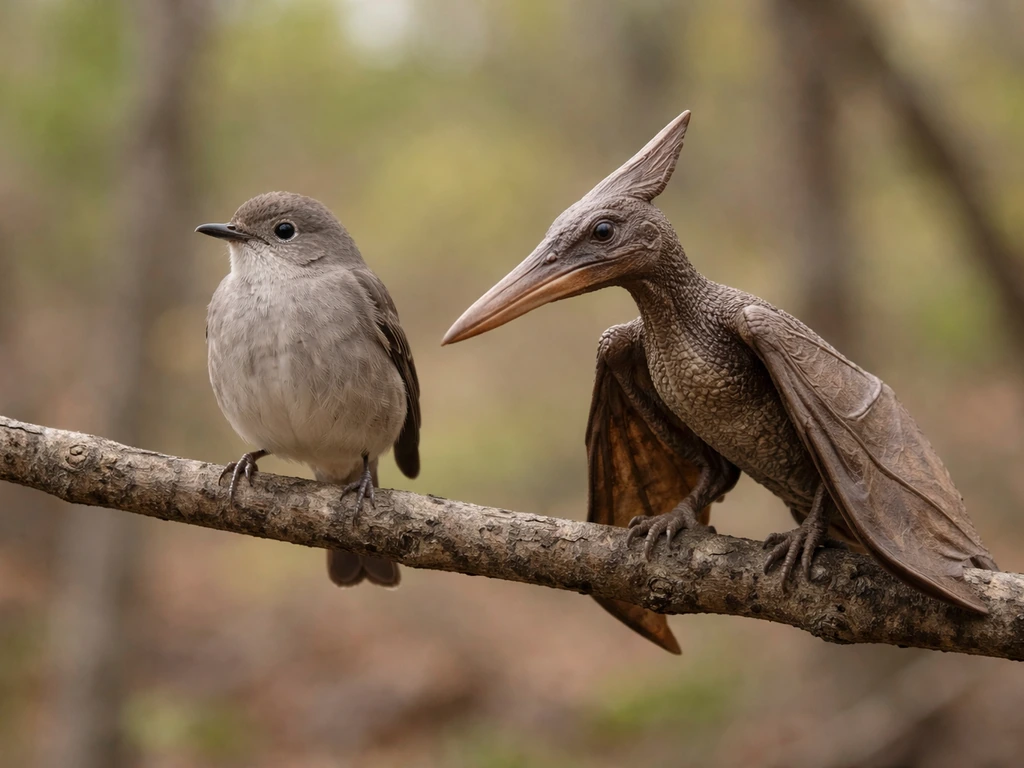 A perched small songbird next to a pterosaur-like winged creature model on a branch.