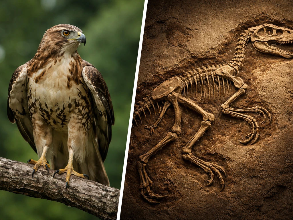 Split hero image contrasting a detailed bird of prey with a raptor-like fossil silhouette