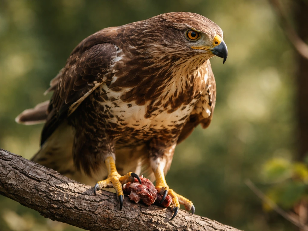 Close-up of a hawk-like bird of prey in soft light, talons gripping flesh on a branch