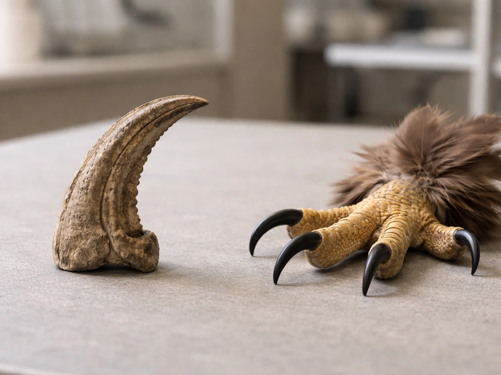 Close-up comparison of a replica dromaeosaur claw beside a modern raptor foot and feathers.