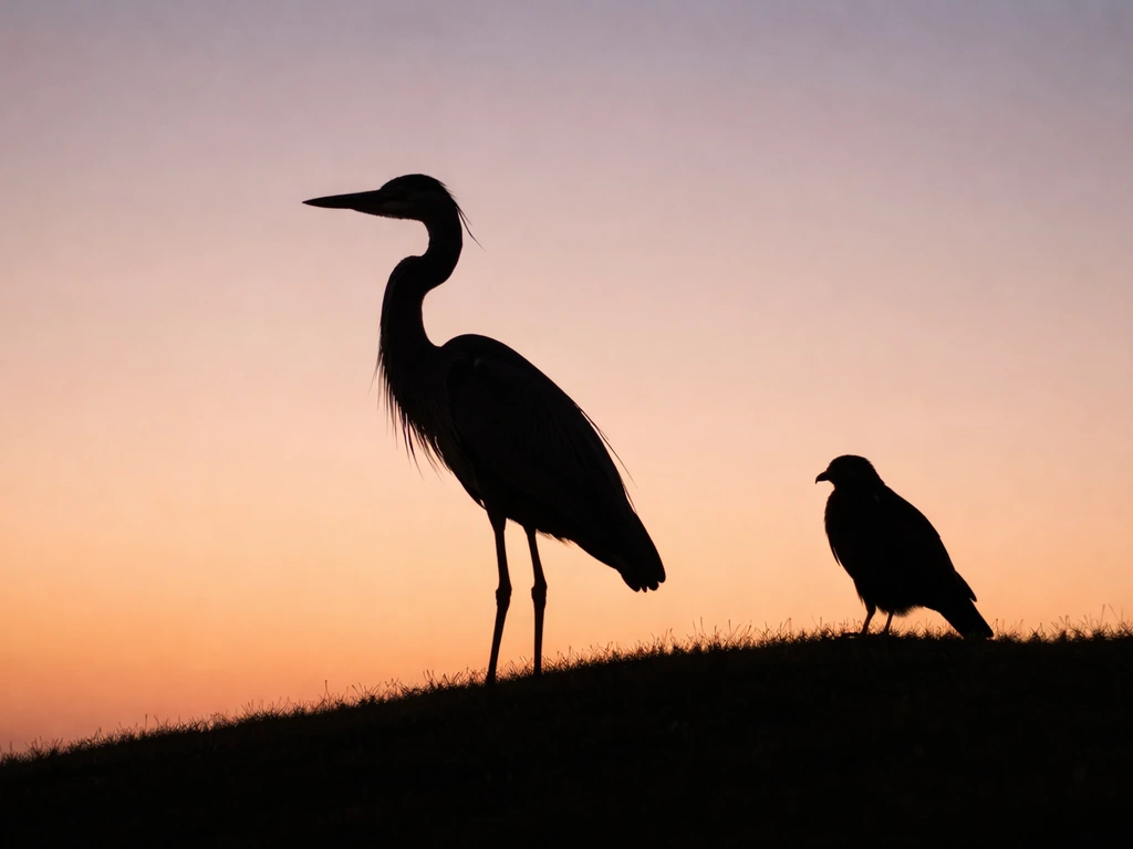 Heron silhouette with long neck and legs contrasted against a raptor-like silhouette in a simple natural dusk scene.