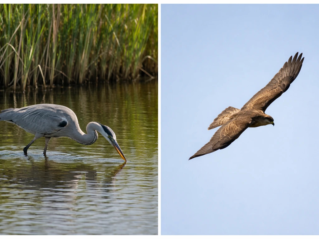Two minimal nature scenes: a heron stalking a fish in shallow water and a raptor soaring above open sky.