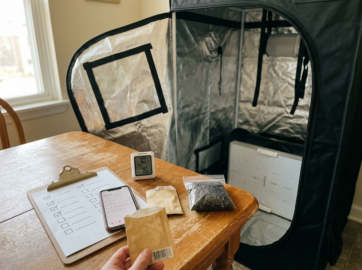 Cannabis grow tent and planning checklist on a clipboard