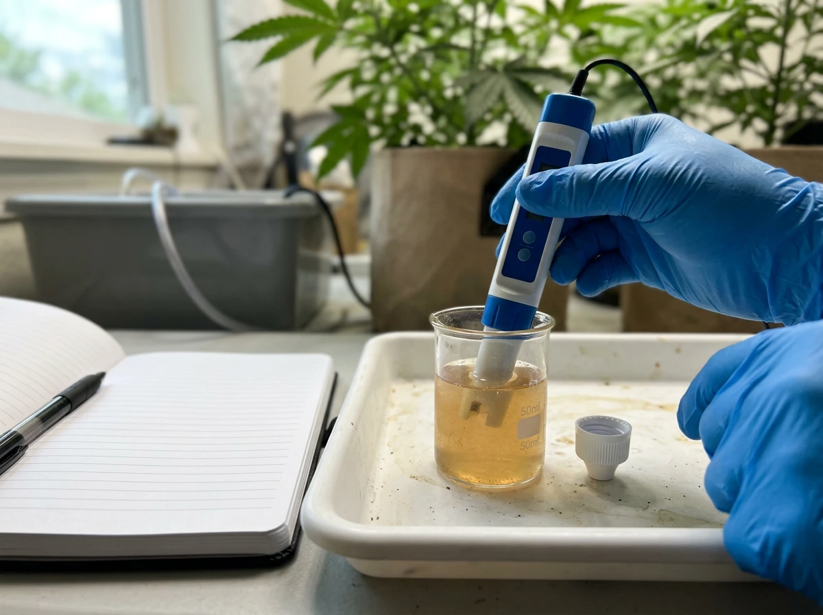 Testing nutrient solution pH with drops and a meter