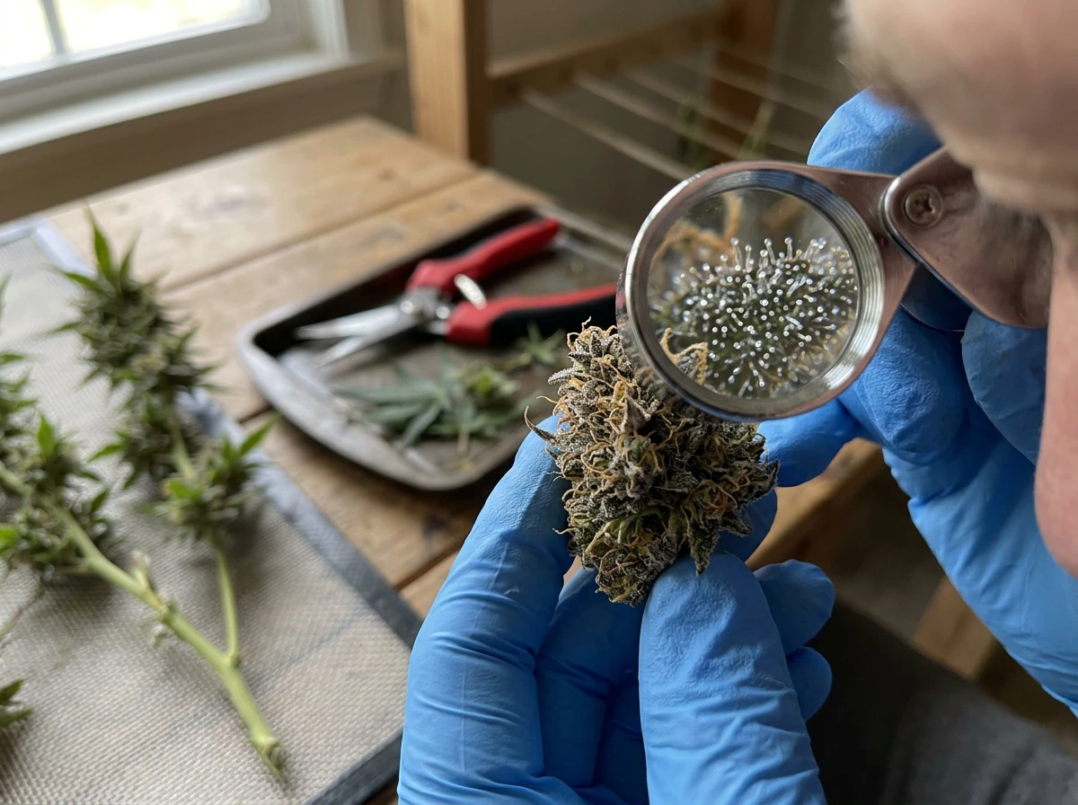 Trichome check with a loupe during harvest