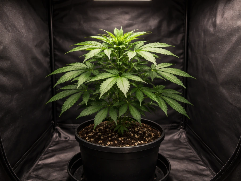 Healthy small cannabis plant thriving inside a compact indoor grow tent, centered and well-lit.