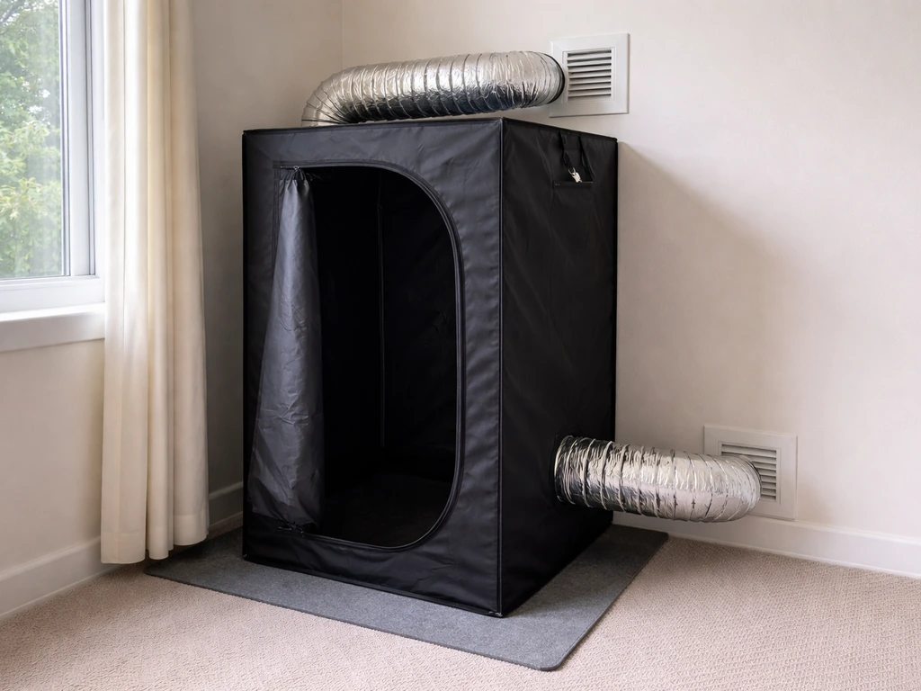 Small indoor grow tent in a corner with intake and exhaust ducting routed to wall vents.