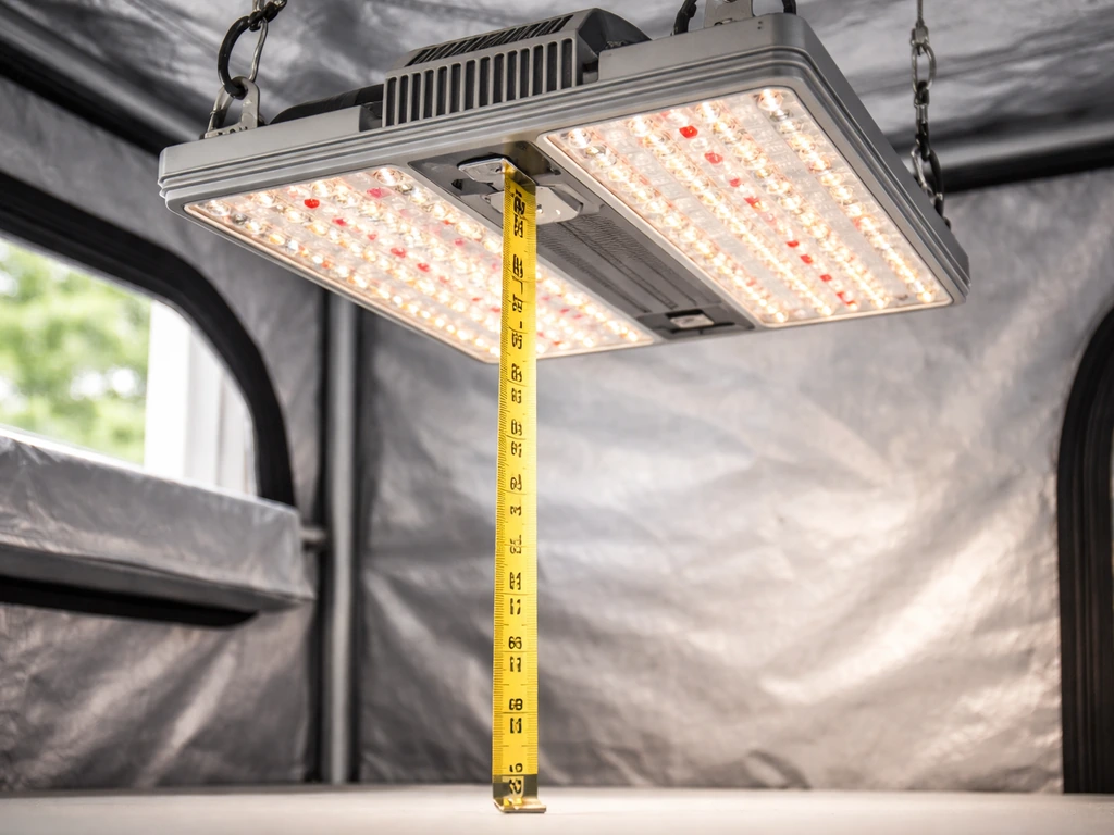 Close-up of an LED grow light in a small tent with tape measure showing correct canopy distance.