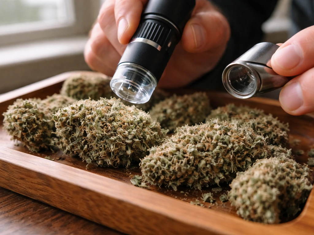 Close-up of dense cannabis buds with a jeweler’s loupe and small microscope inspecting trichomes.