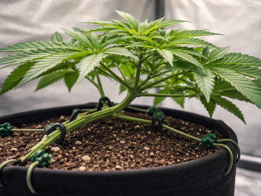 Close-up of a small potted cannabis plant with the main stem gently bent and tied down using soft LST clips.