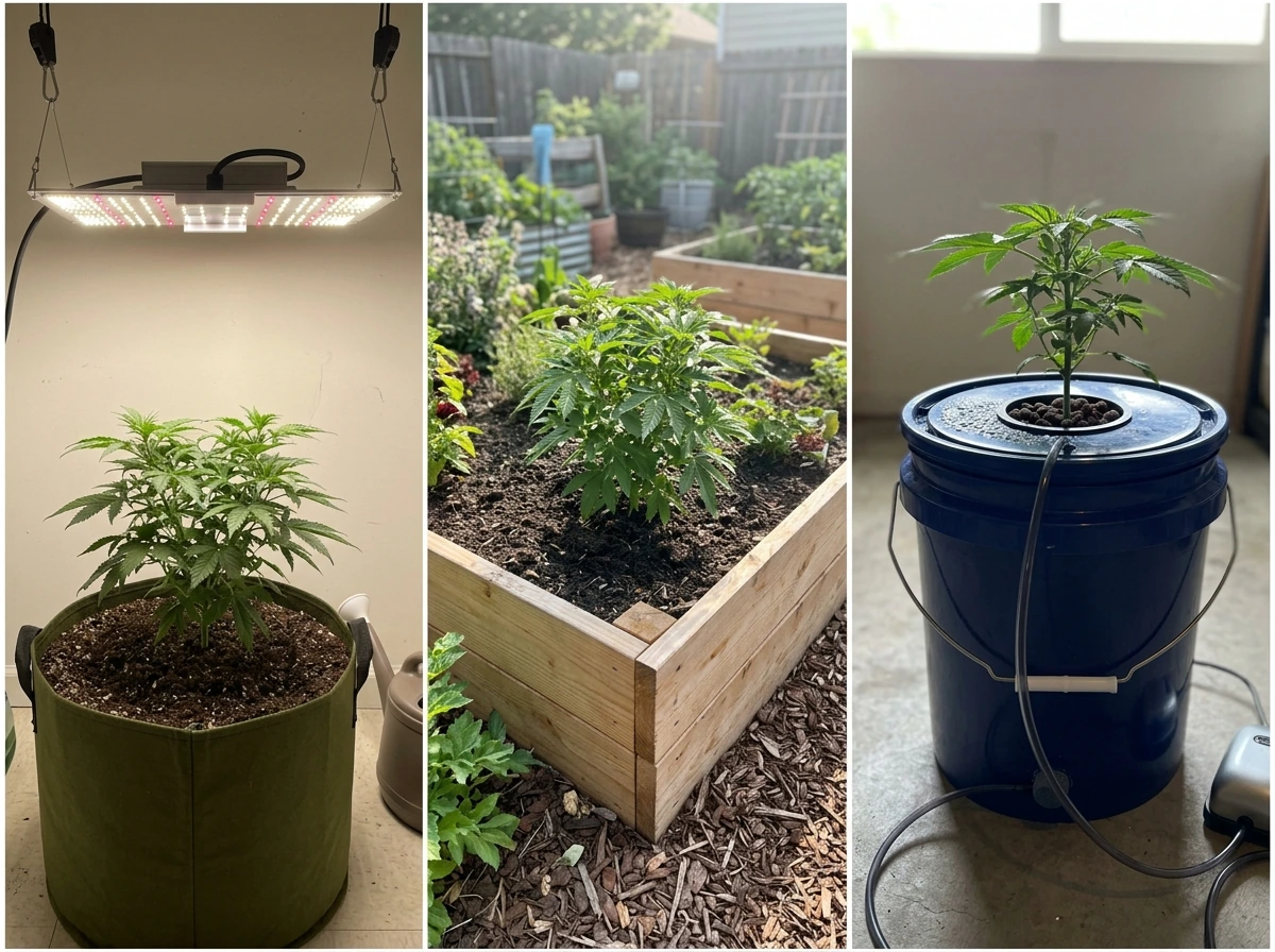 Side-by-side comparison of indoor soil, outdoor container, and hydroponic setup.