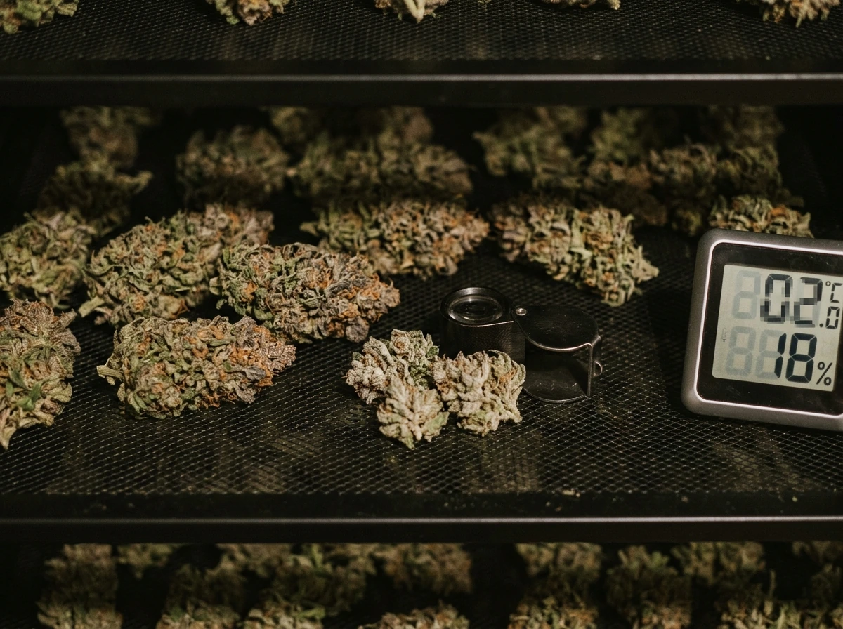 Bud drying rack with loupe for trichome check during harvest and curing.