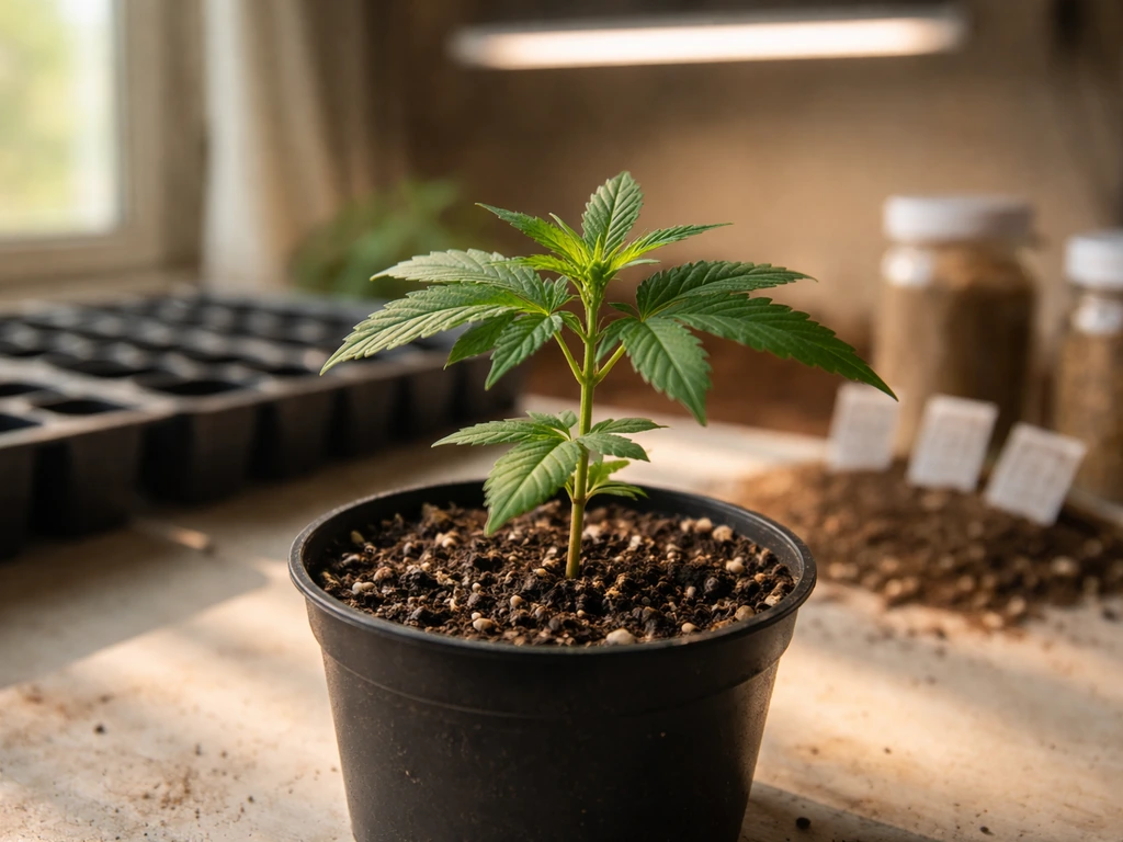 Healthy young cannabis plant in organic soil inside a minimal indoor grow setup with grow light and natural light.