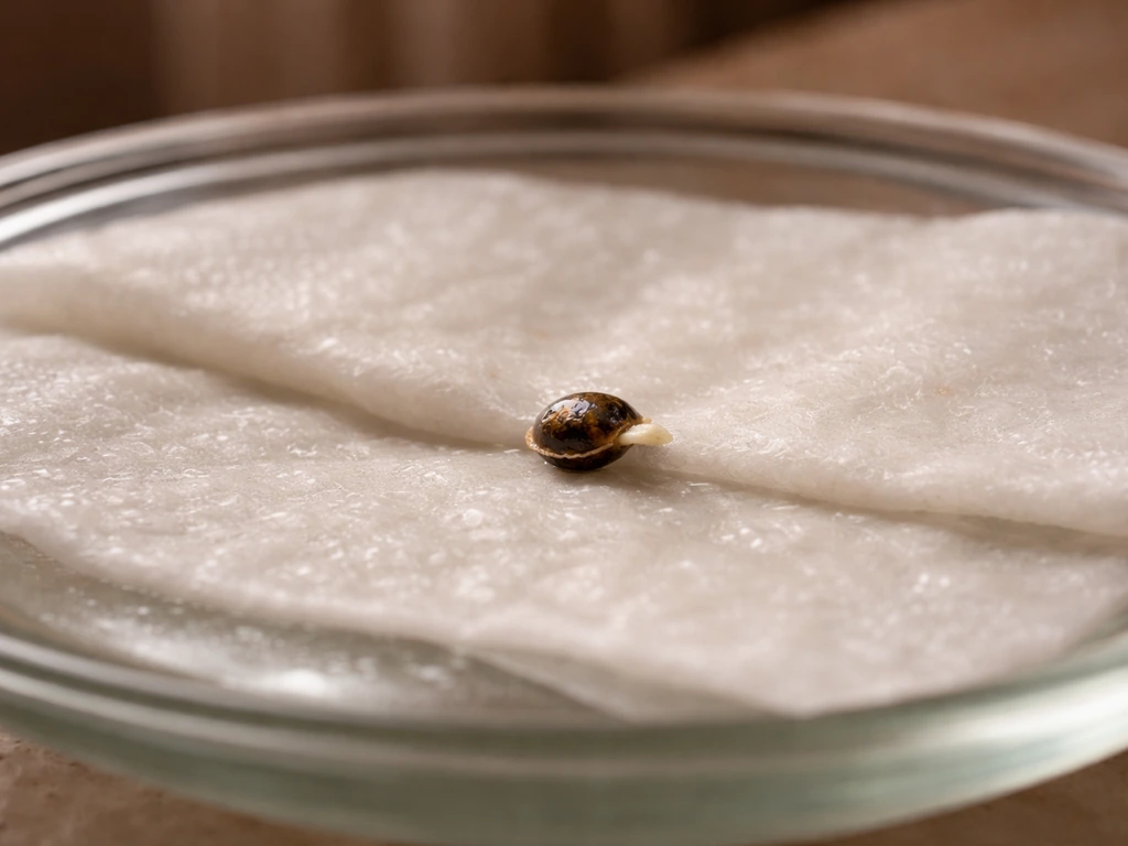 Close-up of a cannabis seed between damp paper towels on a plate under a warm, humid setting.