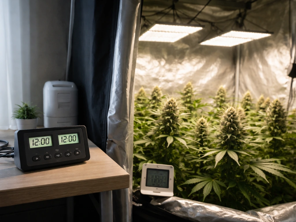 Minimal grow tent scene showing a timer for 12/12 light cycle and a visible hygrometer for humidity control.
