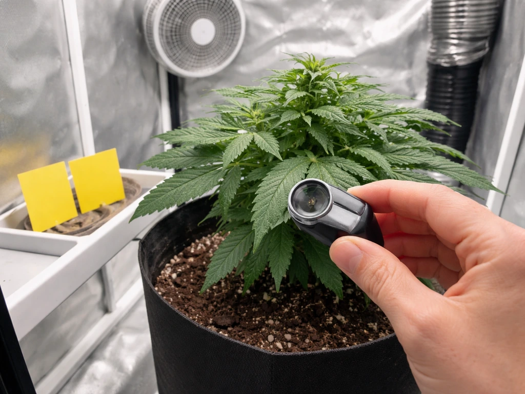 Home grower inspecting plant leaves with a magnifying loupe, sticky pest traps set, airflow fan running nearby.